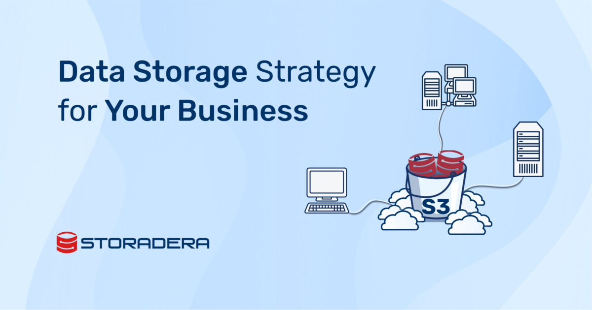 Blog cover vector image with text "Data Storage Strategy for Your Business" and a picture of a S3 bucket being connected to a personal computer, a server and another computer.