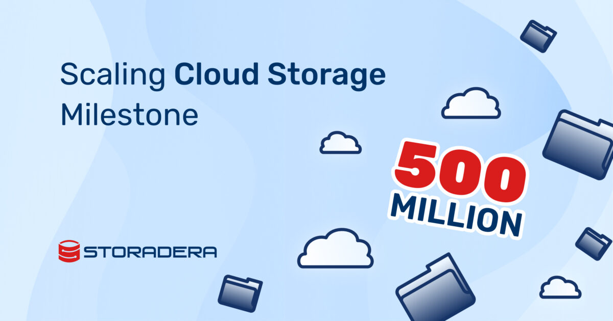 Blog Cover with text Scaling Cloud Storage Milestone with vector graphic of 500 MILLION and clouds and files of various sizes.