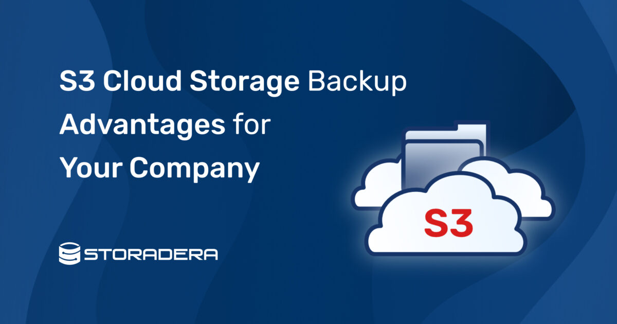 A blog cover photo featuring text "S3 Cloud Storage Backup Advantages for Your Company" with a picture of a file in the middle of clouds with text on it "S3"