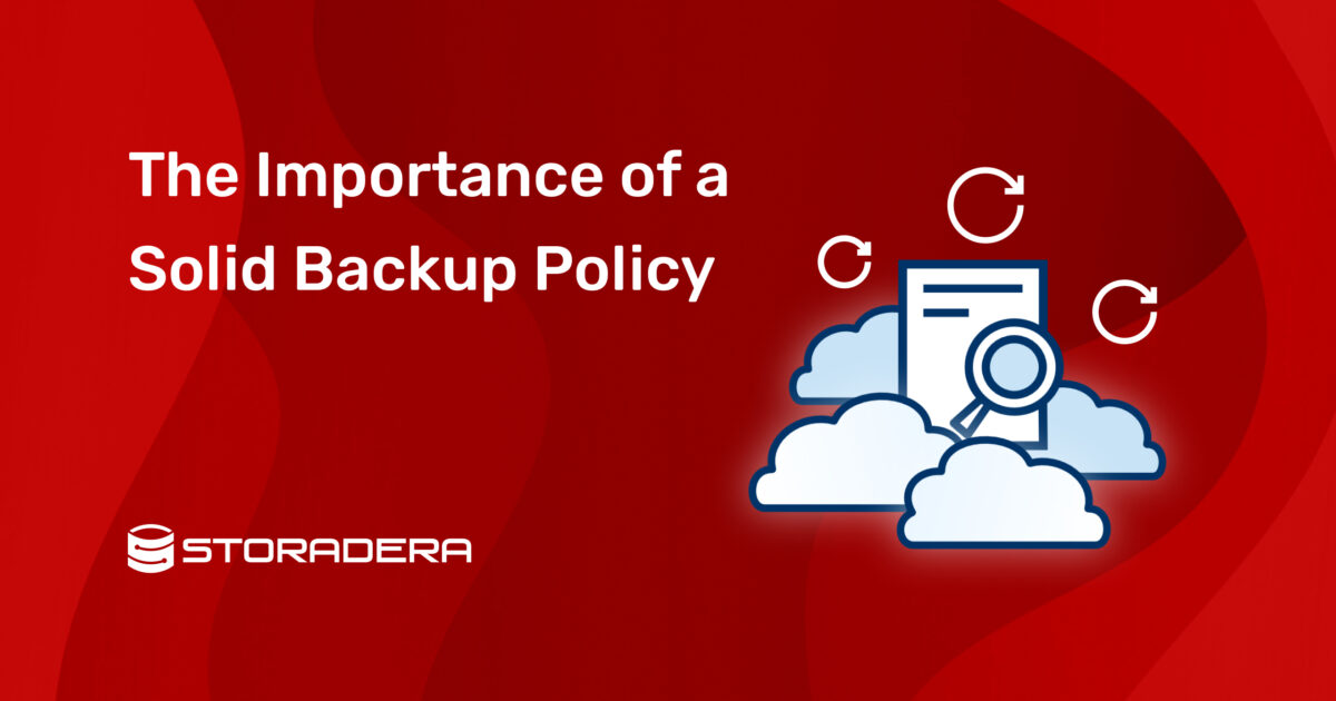 Cover photo with text "The importance of a solid backup policy" and an image of a sheet of paper with a magnifying glass inside the clouds.