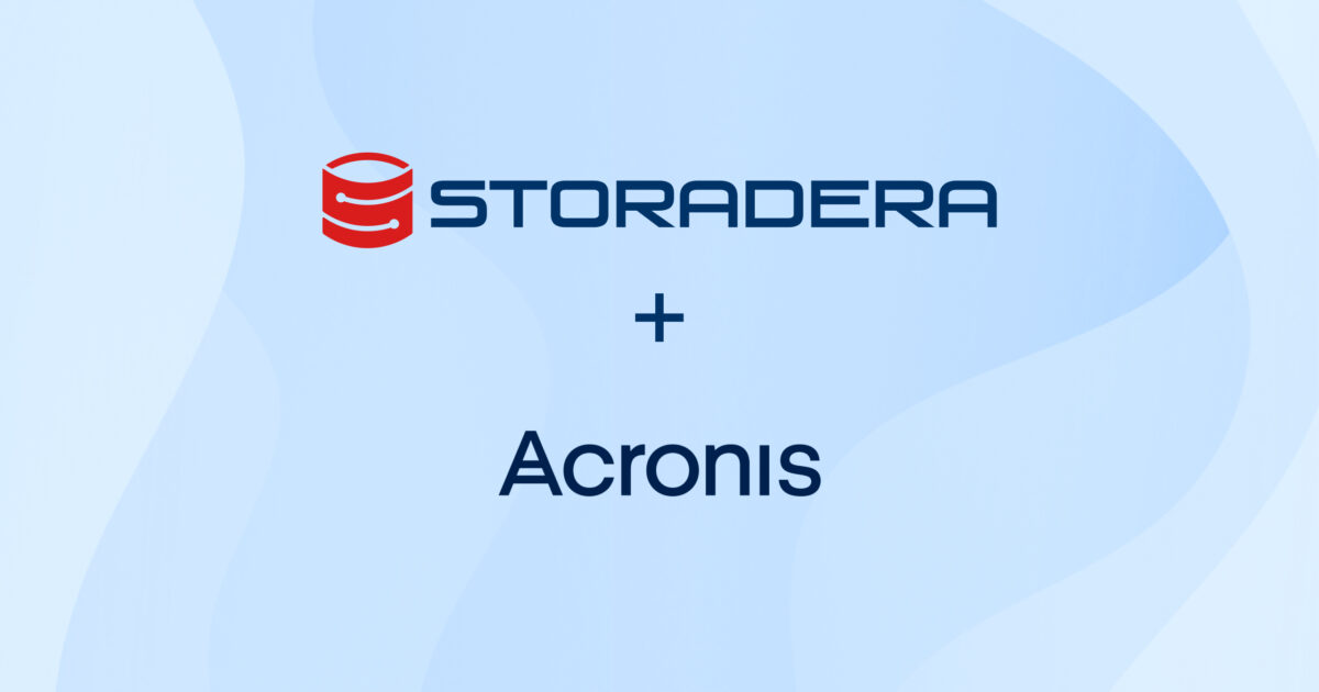 Blog post banner with Storadera and Acronis logos with a plus sign between them.