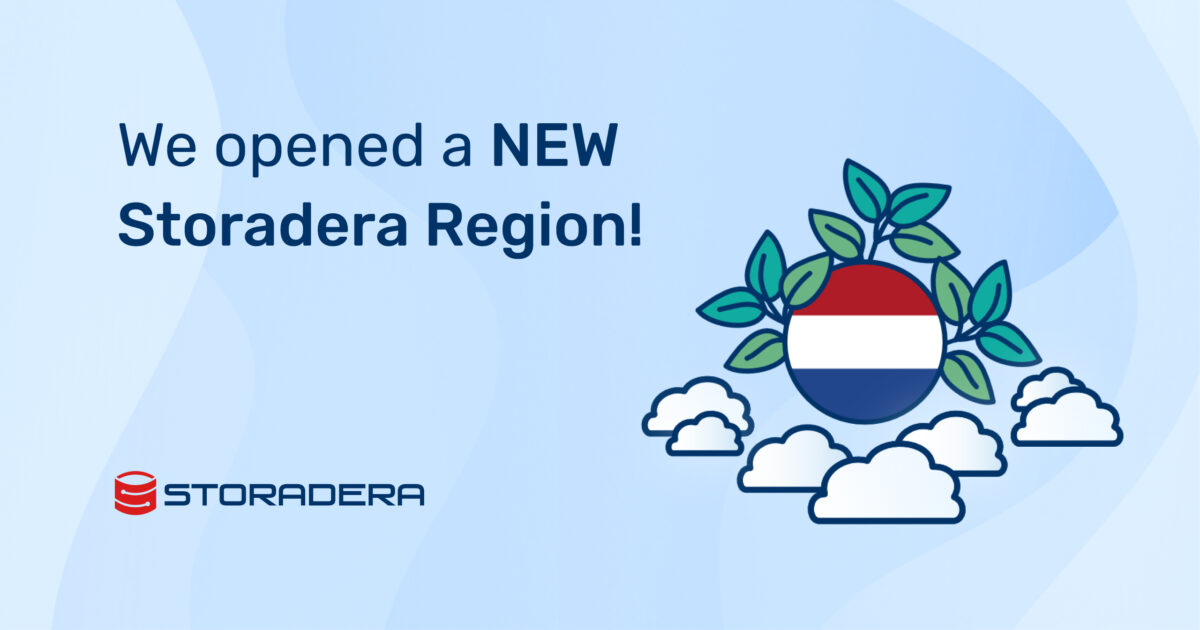 Blog cover graphic illustration with text "We opened a NEW Storadera Region" and an image of NL flag surrounded by leaves and clouds.