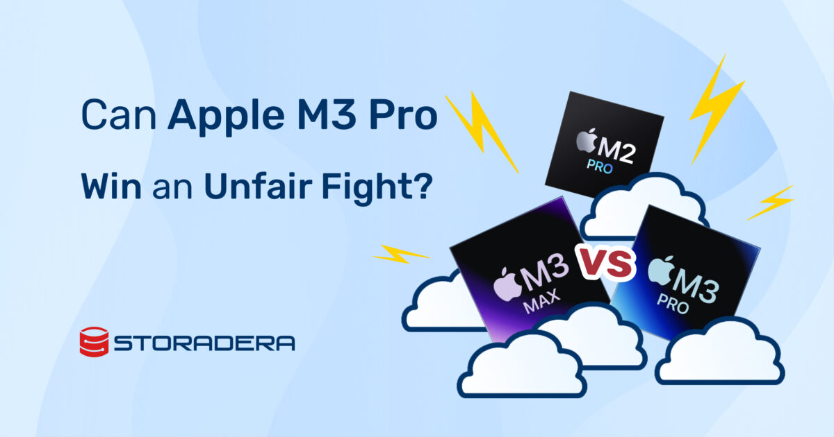 Blog Cover with text "Can Apple M3 Pro Win an Unfair Fight?" with logos of M3 Pro, M3 Max and M2 Pro in the middle of clouds and lightning bolts.